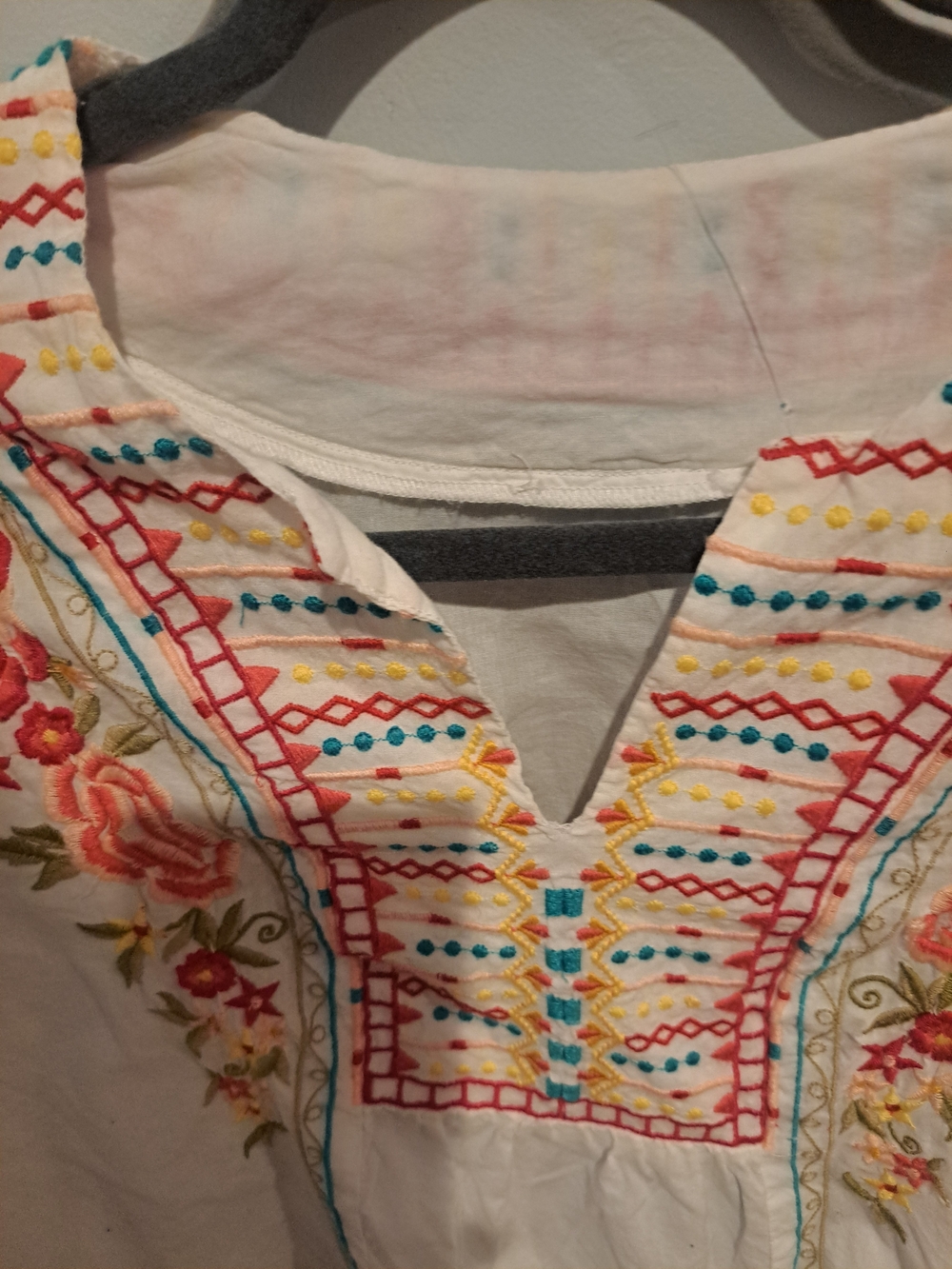White Embroidered Peasant Tunic with Multicolor Stitching